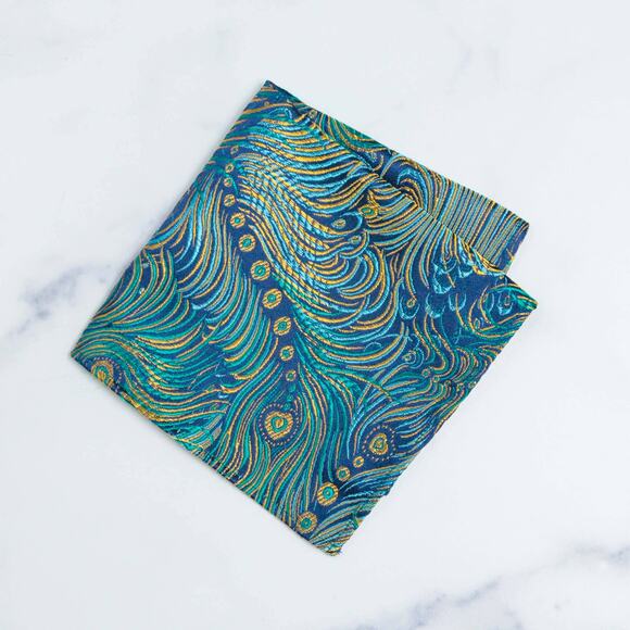 Men's Peacock Pattern Pocket Square by Cathayana | Blue - Picture 1 of 2